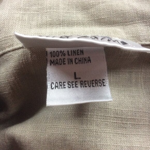 Wild Palms Vintage Khaki/Tan Linen Oyster Shell Button Lagenlook Shacket Large - Picture 5 of 6